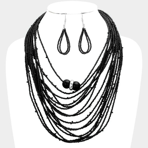 FASHNZFAB Seed Beaded Bib Necklace Blue 3