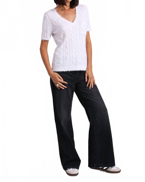 Minnie Rose Cotton Frayed Cable V-Neck Tee White XS 4