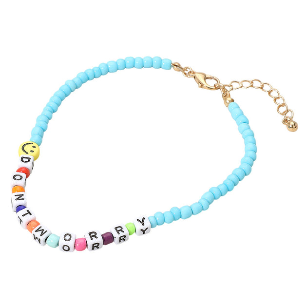 FASHNZFAB Smile Dont Worry Message Charm Beaded Anklet Turquoise Blue 3