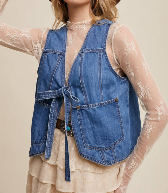 Listicle Denim Tie-Front Vest Blue Large 2