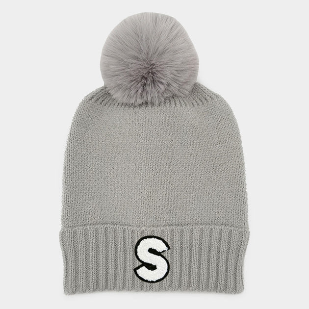 FASHNZFAB S Initial Monogram Faux Fur Pom Pom Knit Beanie Hat Grey 3