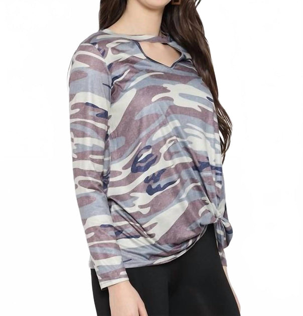 Shirley Stone Camo Keyhole Knot Top Blue 2X 3
