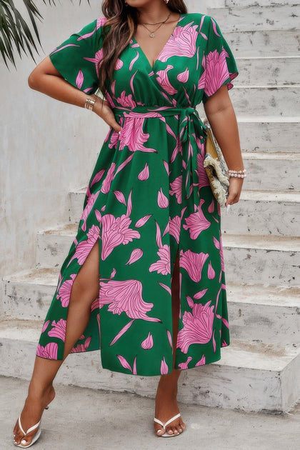 TRUEDAMES Plus Floral Short Sleeve Split Belted Midi Dress Green 0X 2