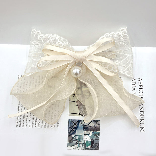 FASHNZFAB Flower Lace Chiffon Bow Barrette White 3