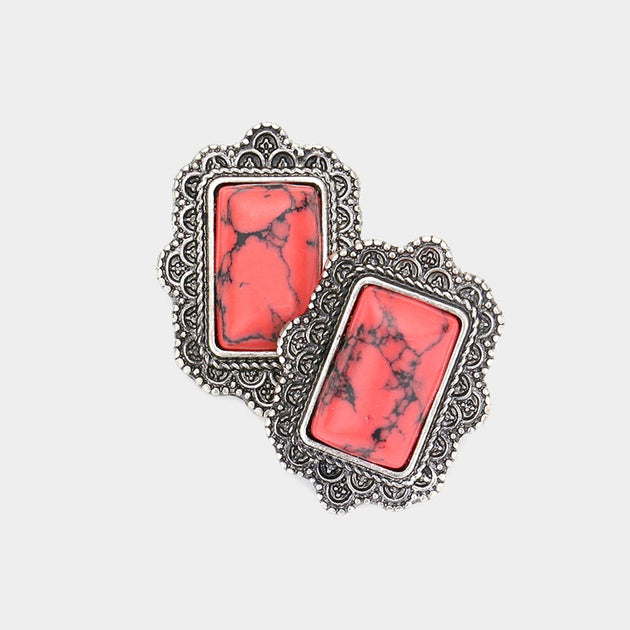 FASHNZFAB Rectangle Stone Stud Earrings Orange 4