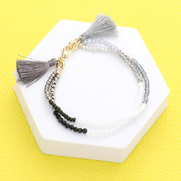 FASHNZFAB Beaded Tassel Bracelet Gray Silver One Size 2
