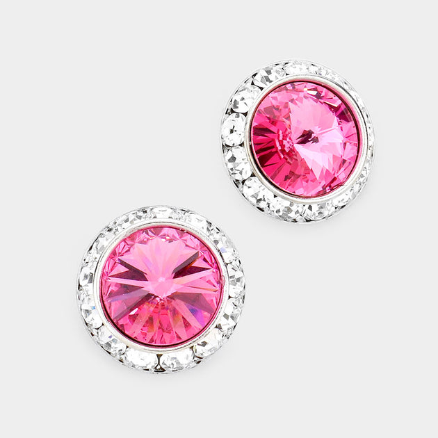 FASHNZFAB Rivoli Cut Genuine Crystal Round Stud Earrings Light Rose Pink 3