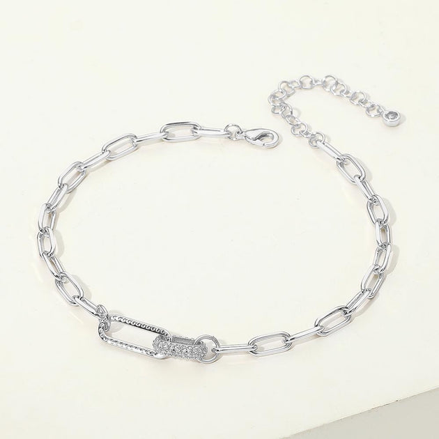 FASHNZFAB CZ Stone Paperclip Chain Anklet Silver 4