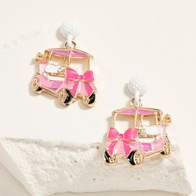 FASHNZFAB Enamel Bow Accent Golf Cart Drop Dangle Earrings White 4