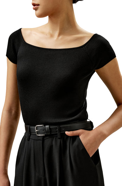 LILYSILK Off-Shoulder Silk Sweater Top Black Small 2