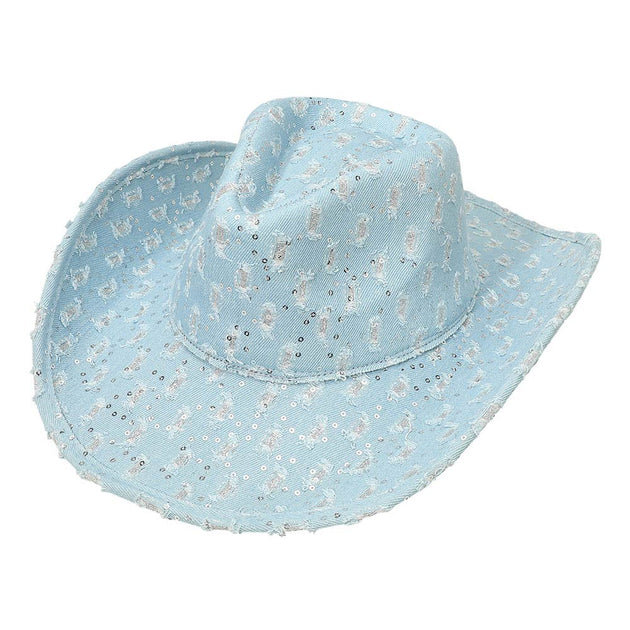 FASHNZFAB Wide Brim Distressed Sequin Cowboy Fedora Hat Blue 6