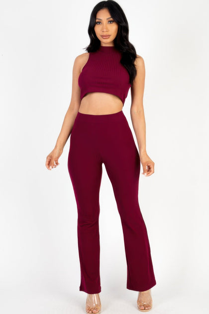 TRUEDAMES Ribbed Mock Neck Crop Tank Top & Bootcut Pants Set Pink Small 4
