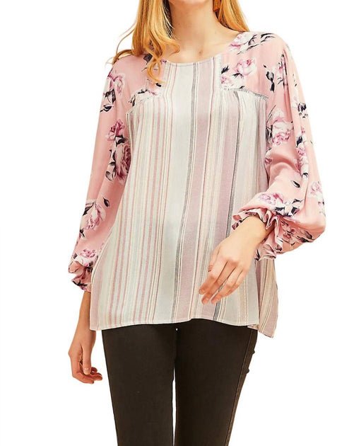 Entro Striped Floral Lace Blouse Pink Large 2