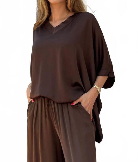 Marisima Solid Satin Blouse Brown One Size 2