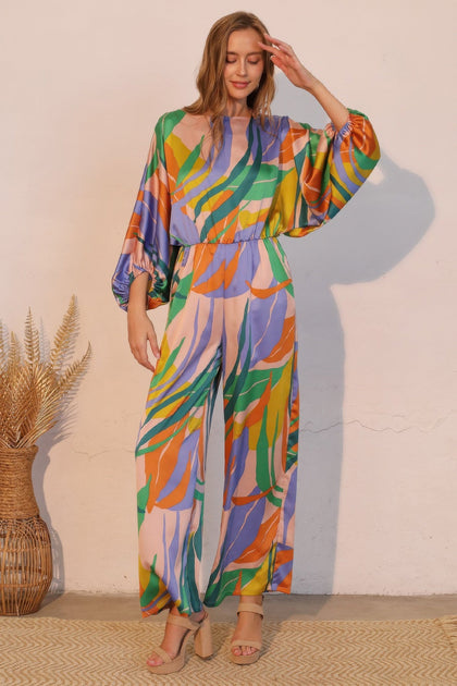 TRUEDAMES Isla Tropical Satin Boat Neck Blouson Jumpsuit Blue Large 2