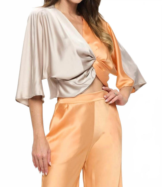 reneec. Satin Vibrant Short Sleeve Top Beige Small 4