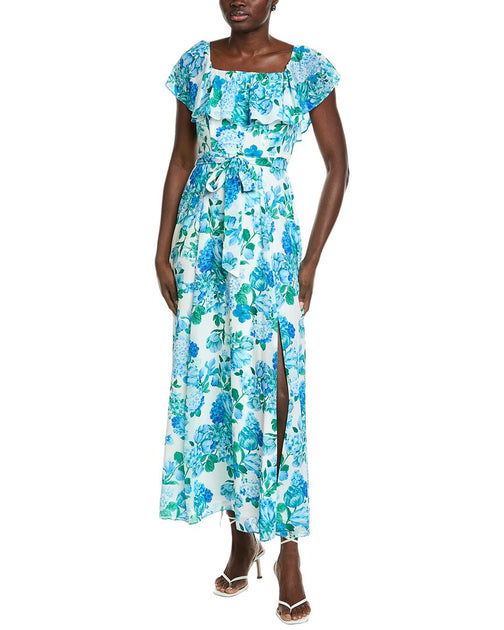 Maison Tara Printed Chiffon Crepe Short Sleeve Maxi Dress Blue US 14 2