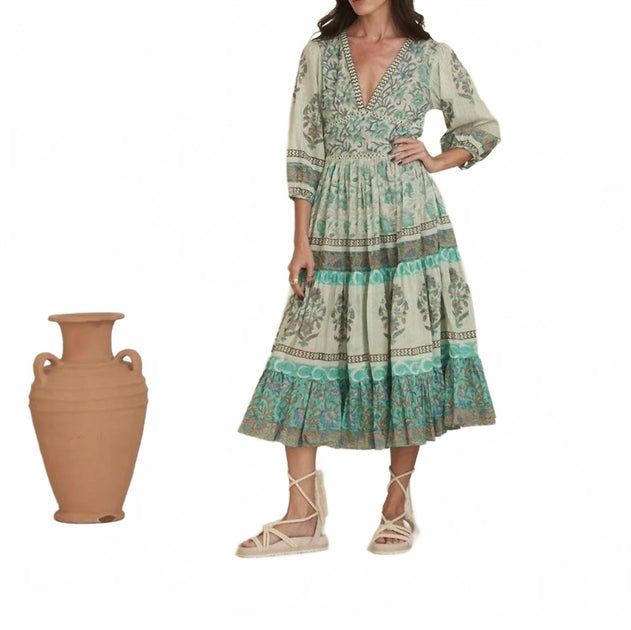 Mo Maya Honeydew Flare Dress Multi M/L 2