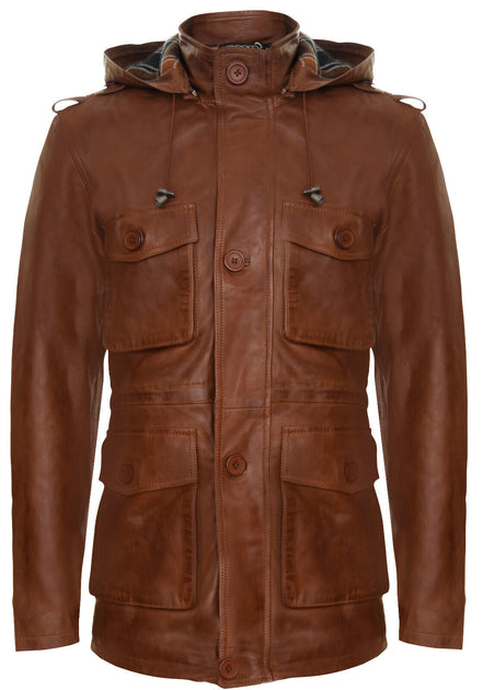 Infinity Herren Leder Trenchcoat mit Kapuze Medellin Braun XL 2