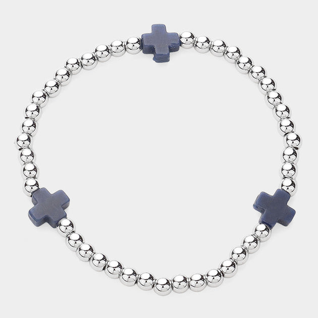 FASHNZFAB Cross Pointed Stainless Steel Ball Beaded Stretch Bracelet Black Silver Blue One Size 2
