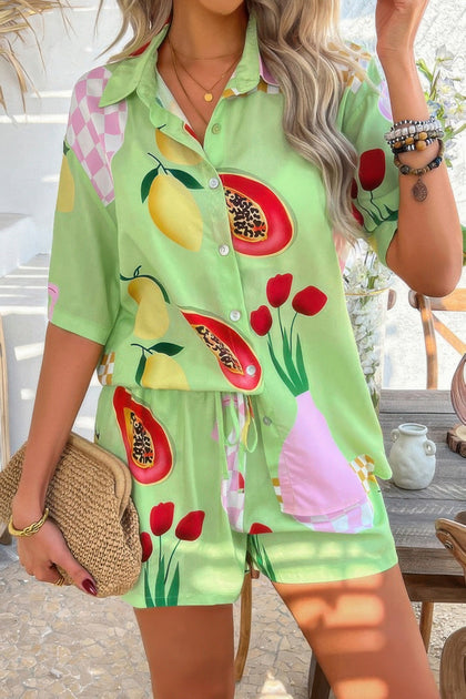 TRUEDAMES Two Pieces Button Down Short Set Green Medium 5