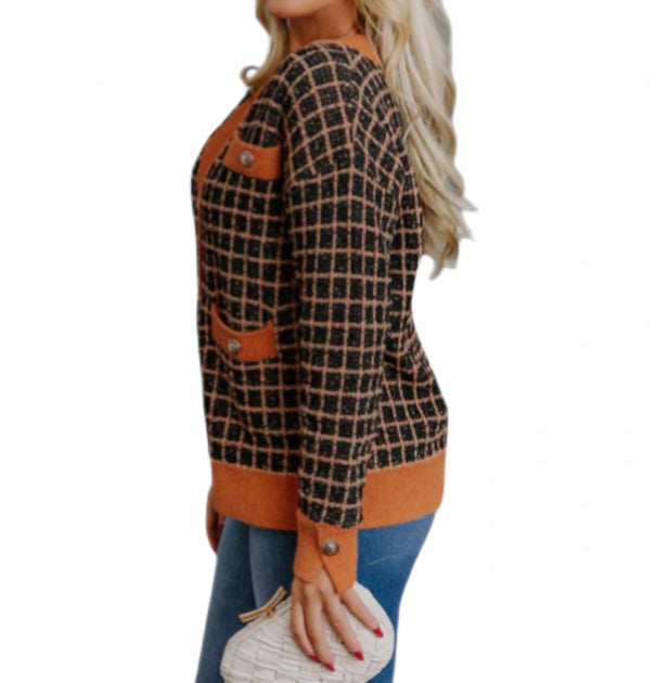 FATE Checkered Cardigan Brown Small 3