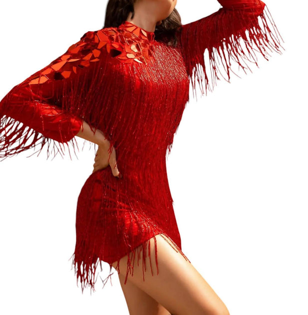 Primavera High Neck Beaded Fringe Cocktail Dress Red US 8 4