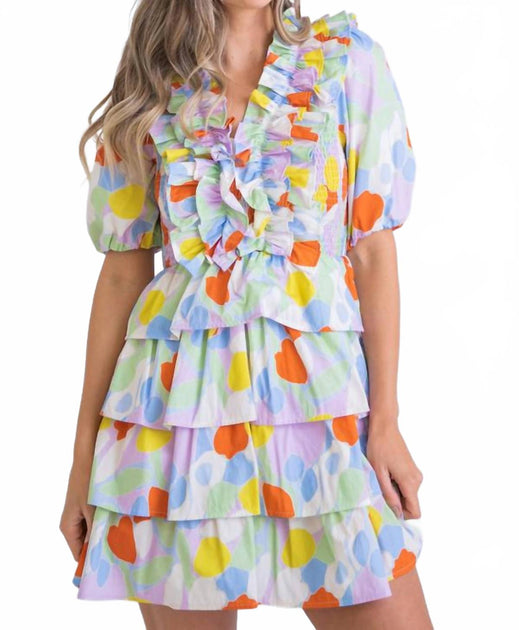 Karlie Mosaic Ruffle Smock Tier Mini Dress Multi Medium 2