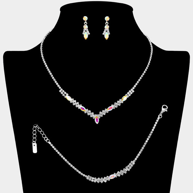 FASHNZFAB Marquise Stone Cluster Jewelry Set Black 7