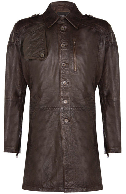 Infinity Mens Military Trench Leather Coat Brown XSmall 2