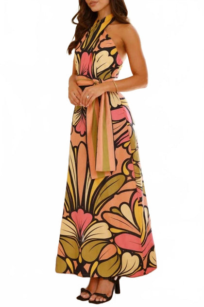 SUNDAYUP Retro Bloom Halter Maxi Dress Pink Large 4