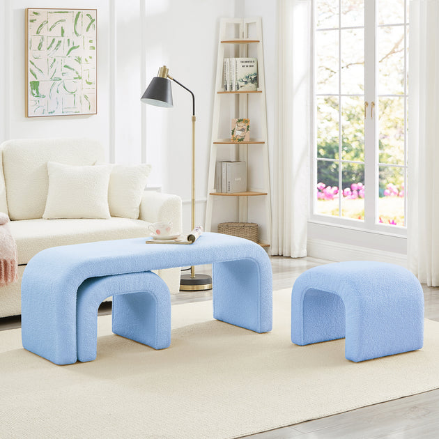 Streamdale U-Shaped Teddy Ottoman Bench Set of 3 Light Blue 2