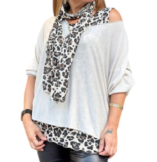 Venti6 Leopard Layered Crochet Top Grey Small 3