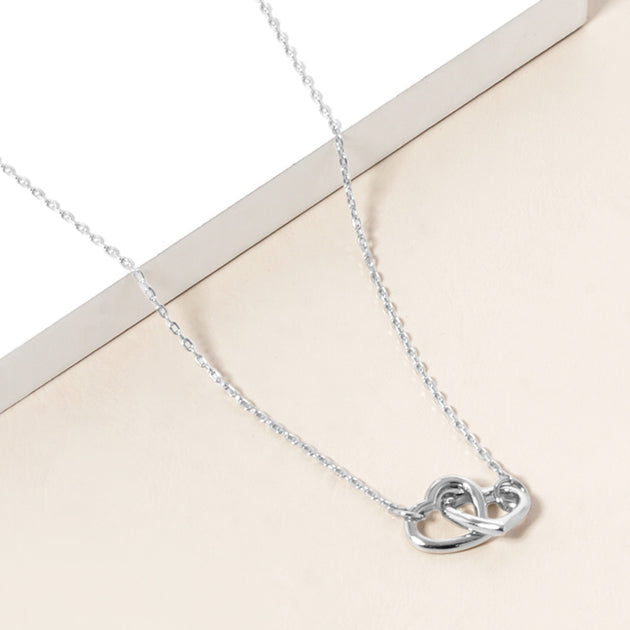 FASHNZFAB Double Heart Link Pendant Necklace Silver 3