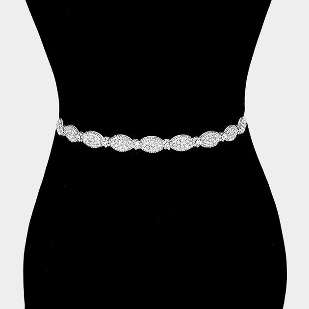 FASHNZFAB Oval Shaped Sash Ribbon Bridal Wedding Belt Silver 2
