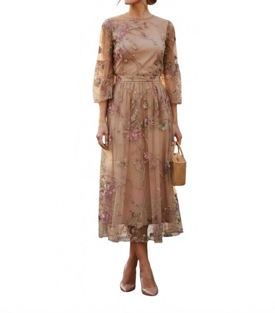 BIGIO Collection Sheer Floral Embroidered Midi Dress In Tan