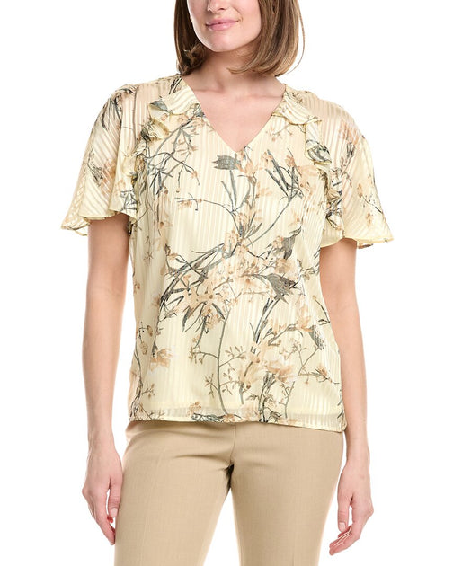 Anne Klein Ruffle V-Neck Printed Chiffon Blouse Beige Medium 2