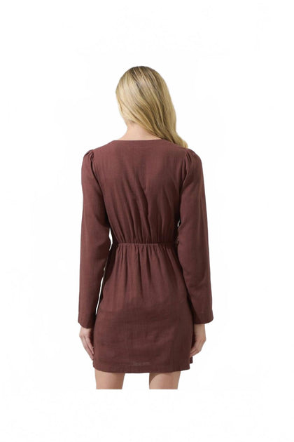 SUGARLIPS Raelynn Linen Wrap Mini Dress Brown Medium 3