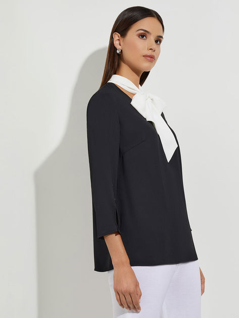Misook Contrast Tie V-Neck Crepe de Chine Blouse Black Small 3