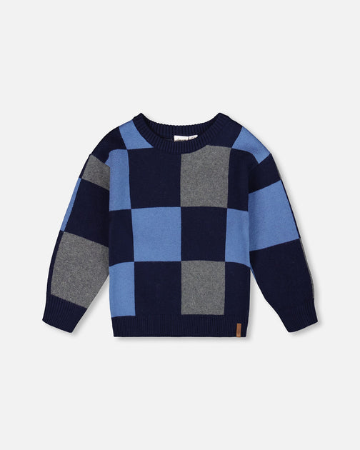 Deux par Deux Knit Sweater Blue Checkered Blue US 10 2