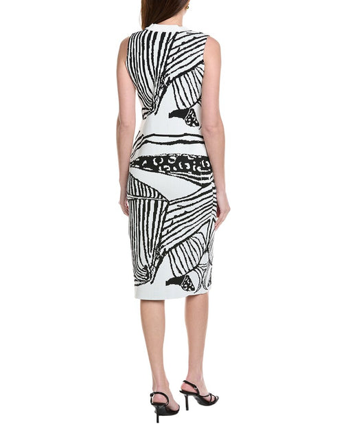 Gracia Abstract Pattern Col Racer Robe Mi-longue Tricot Blanc Small 3