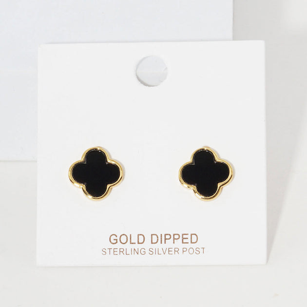 FASHNZFAB Quatrefoil Stud Earrings Black Gold 3