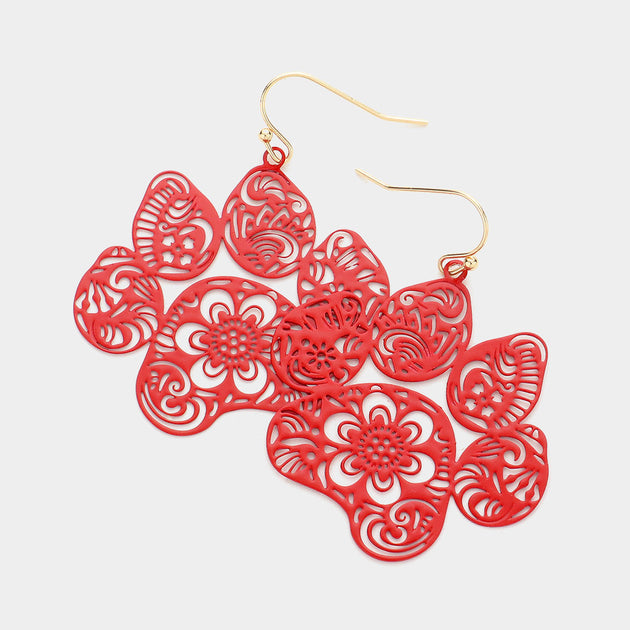 FASHNZFAB Filigree Metal Paw Dangle Earrings Red 2