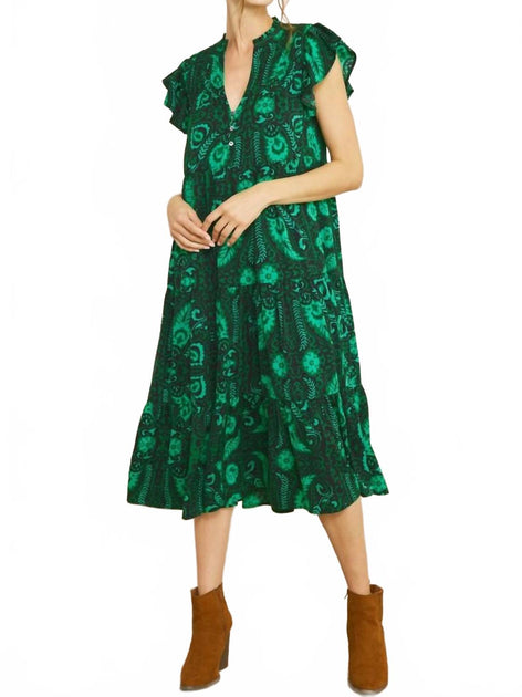 Entro Floral & Leaf Ruffle Midi Dress Green 1X 3