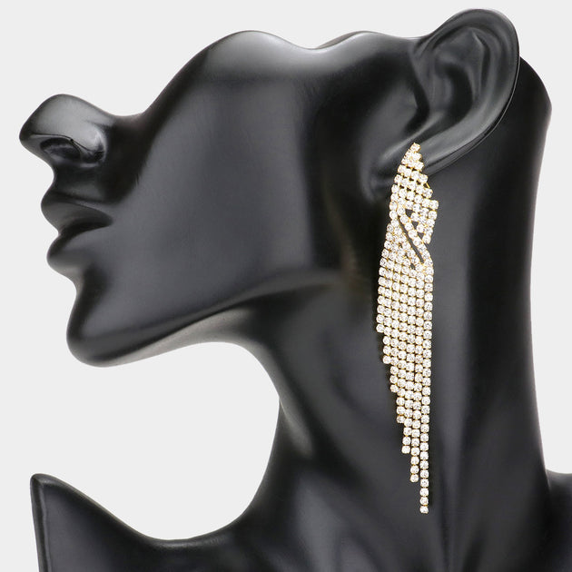 FASHNZFAB Rhinestone Fringe Dangle Earrings Gold Black 5