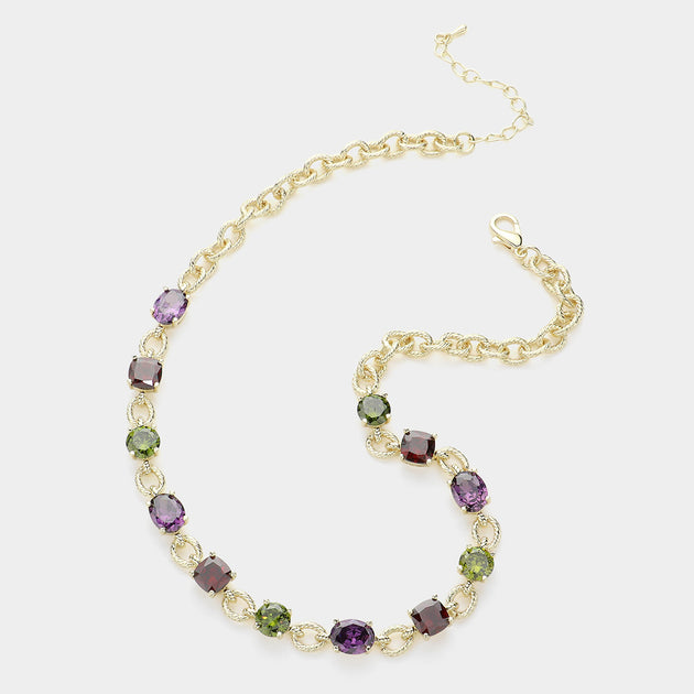 FASHNZFAB Round Square Stone Cushion Link Necklace Gold Multi Purple One Size 4