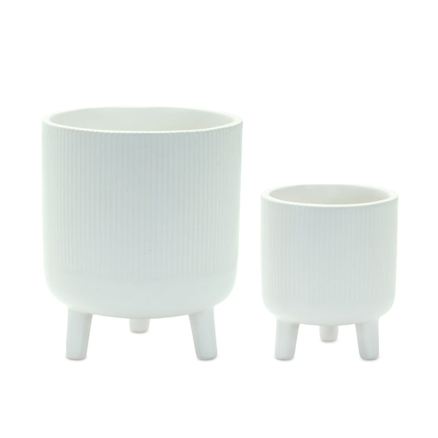 Hivvago Set of Two White Ceramic Striped Footed Pot Planters 3