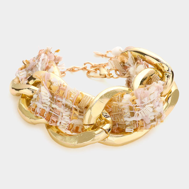 FASHNZFAB Tweed Chain Link Bracelet Ivory Gold One Size 3