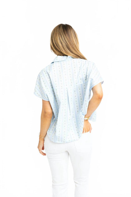 Karlie Floral Stripe V-Neck Collar Top Blue Large 3
