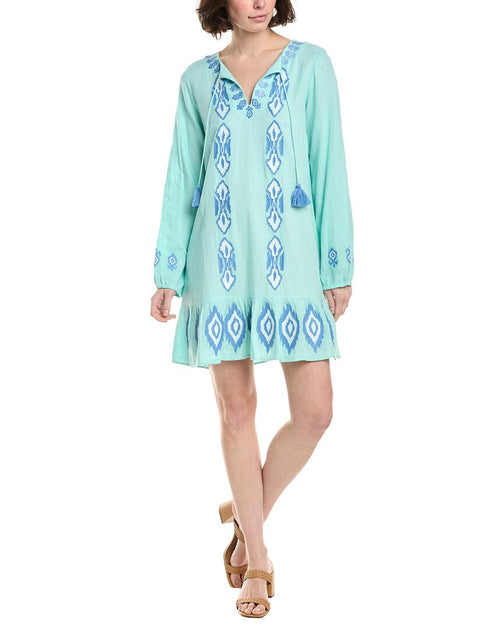 Sail to Sable Ruffle Hem Linen-Blend Dress Blue Large 2